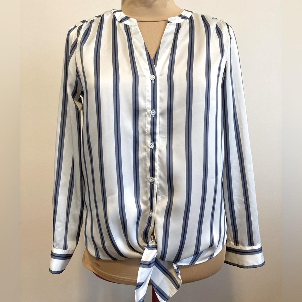 Ann Taylor striped tie-waist satin blouse